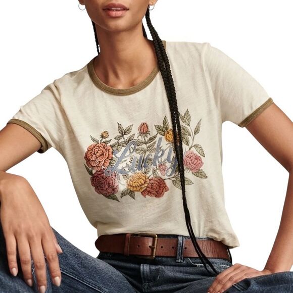 Lucky Brand Antique White Floral Lucky Cotton Ringer Tee Size M, NWOT - Picture 1 of 13